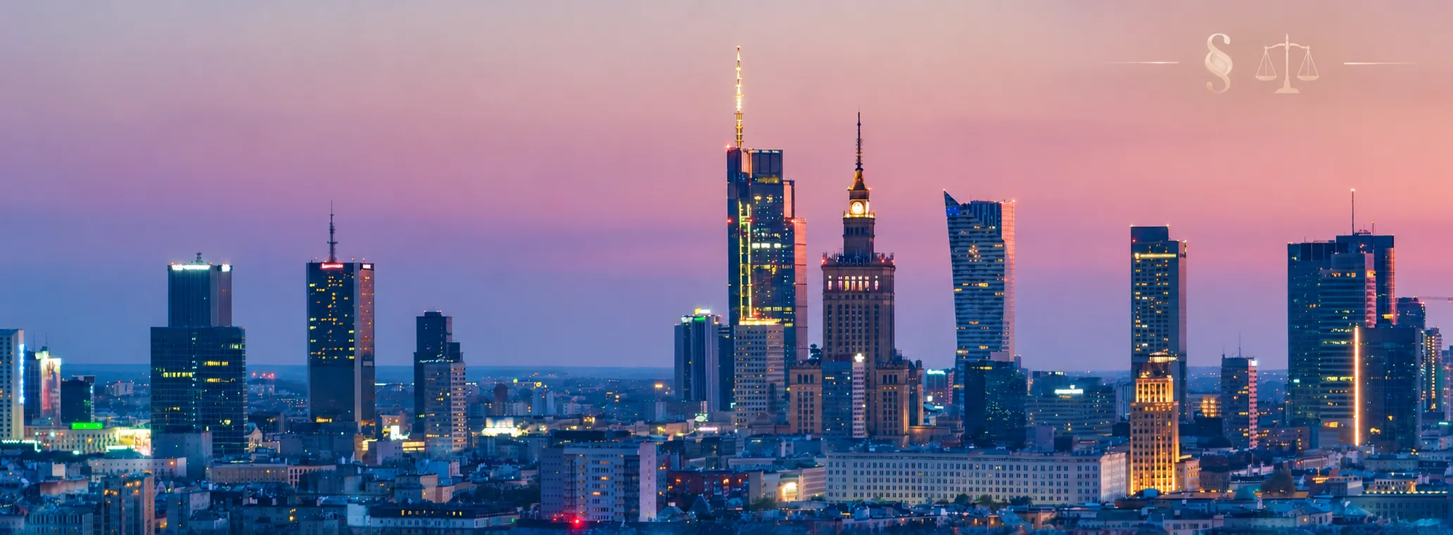 Court Bailiff Warsaw — Warsaw skyline with the Palace of Culture and Science at sunset